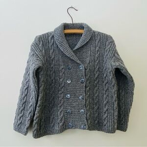 Vintage Handmade Wool Cardigan Sweater Grey Fisherman Knit Aran Shawl Collar